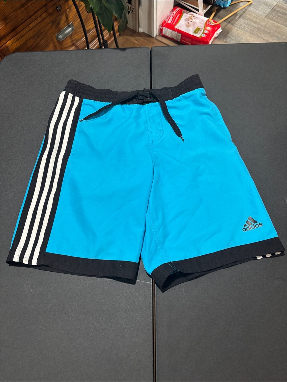 adidas Bright Blue Kids Swim Shorts with Black Trim and White Stripes